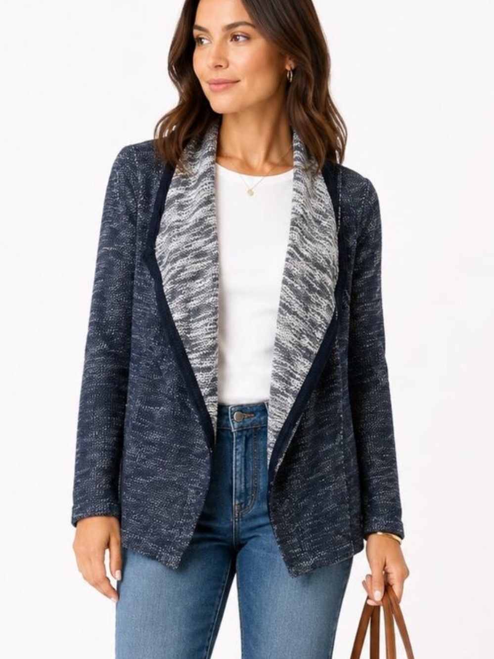 Lucky Brand Lucky Lotus Navy Heather Cotton Open Front Knit Cardigan